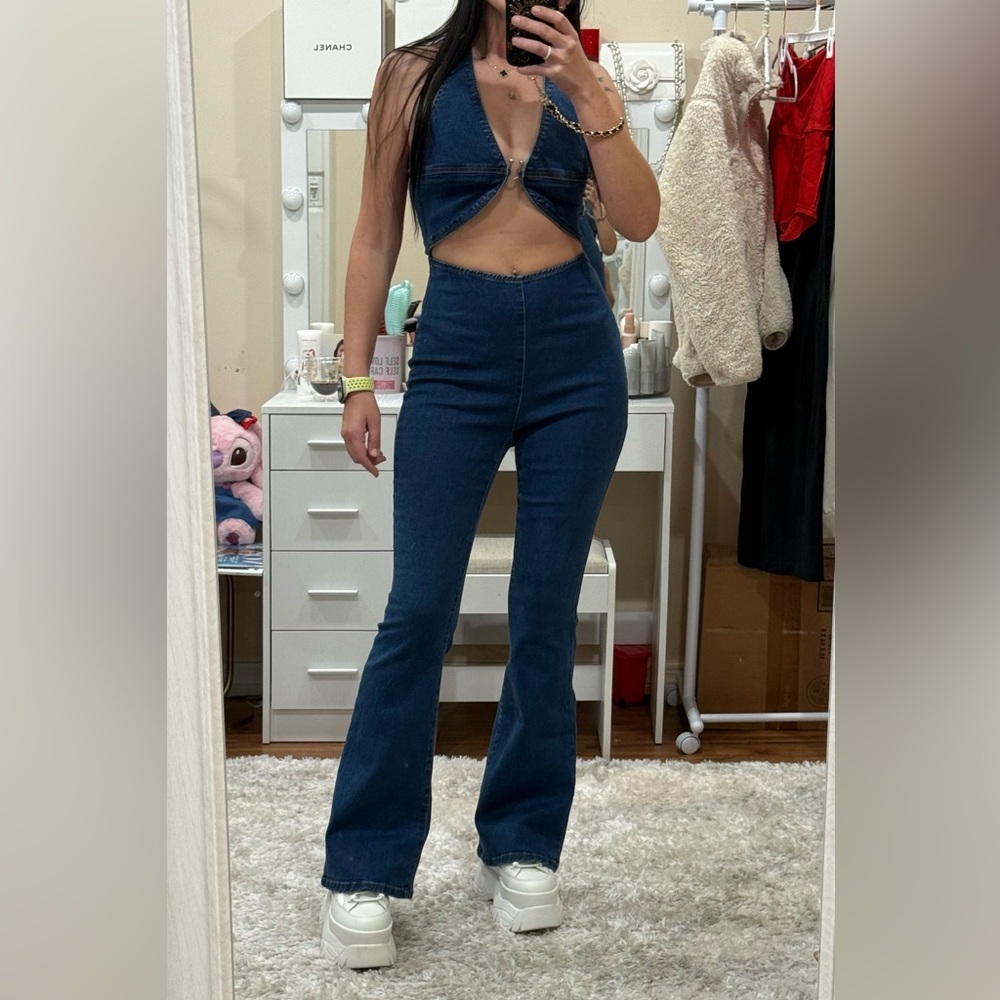 Windsor Denim Two-Piece Set | Halter Top & Flare Jeans | Size S